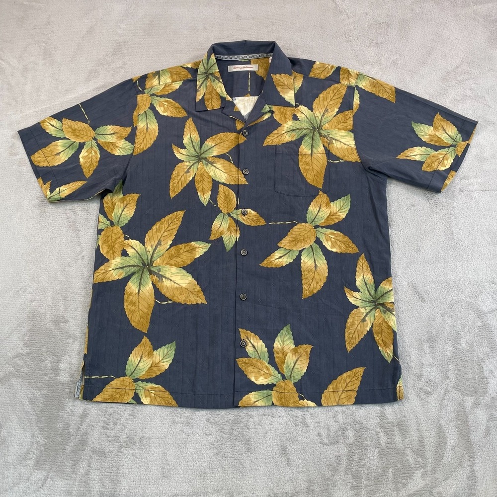 Vintage Tommy Bahama Fall Leaves Silk Shirt Men Large Multi Loop Collar Aloha